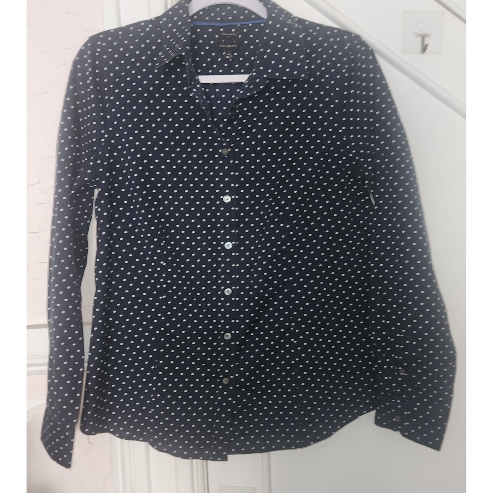 Talbots Womens Size 8 Navy Blue White Polka Dot Button Down Shirt Long Sleeve